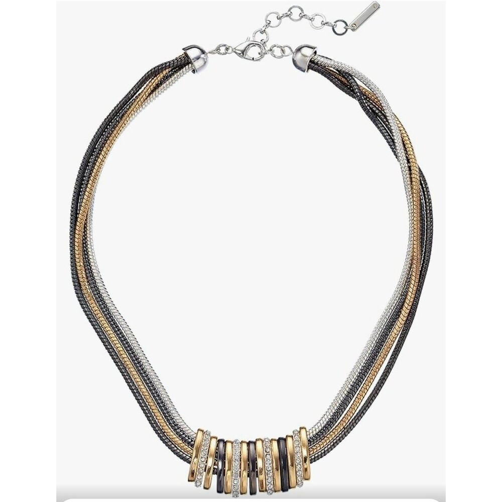 Nine West Gold Silver & Hematite Triple Strand 16" Necklace Bar & Crystal Slider